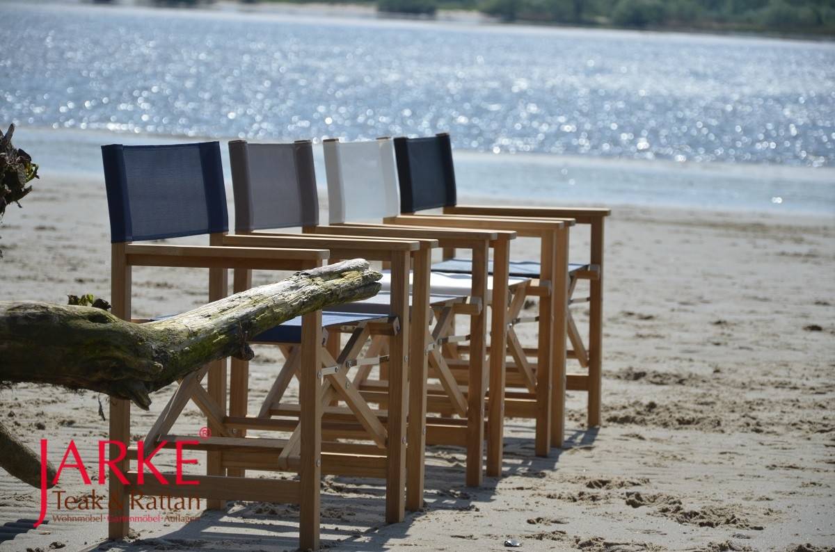 Teak Regiestuhl mit Outdoorbespannung, 4 Farben, mit Edelstahlscharnieren